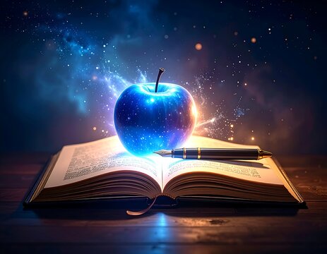 Glowing blue apple rests on open book with pen, magical aura