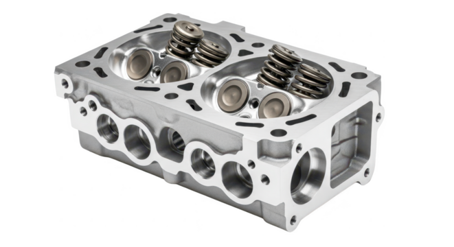 A polished engine cylinder head with visible valves and channels, on a white background.