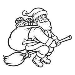 Santa claus flying on broom with gifts outline illustration colouring page