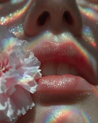 Obraz premium Sparkling lips kissed by soft light and delicate petals, embodying ethereal beauty and gentle allure