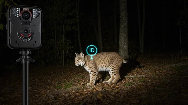 Bobcat captured with a trail camera footage in natural habitat at night wildlife observation