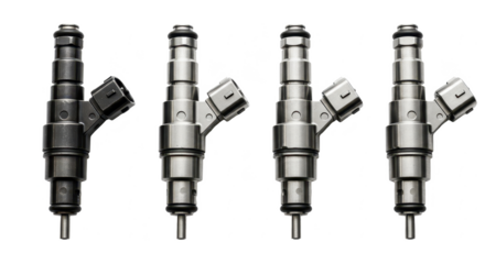 A set of four automotive fuel injectors aligned in a row with metallic textures on a white background