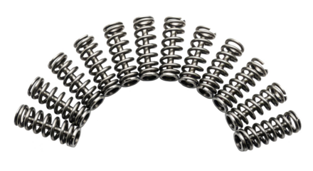 A set of shiny metal valve springs arranged in a neat semi-circle on a white background
