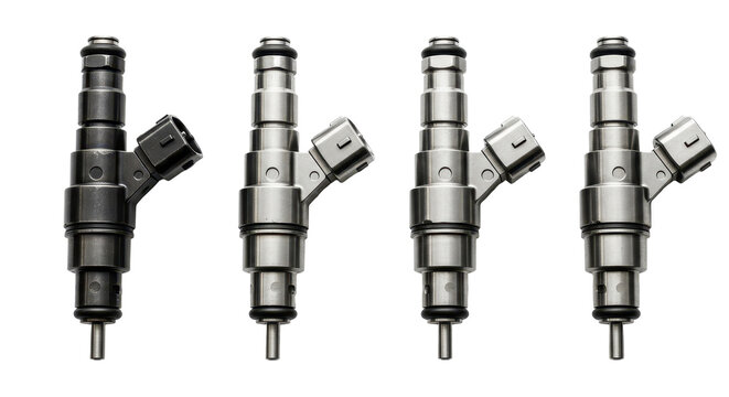 A set of four automotive fuel injectors aligned in a row with metallic textures on a white background