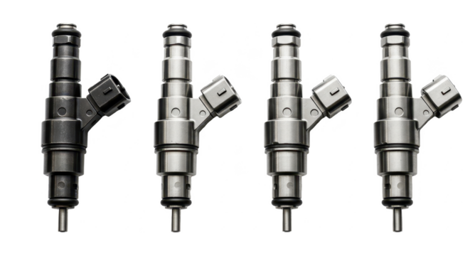 A set of four automotive fuel injectors aligned in a row with metallic textures on a white background