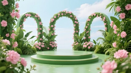 A serene garden scene featuring a green podium surrounded by floral arches and lush vegetation under a clear sky.