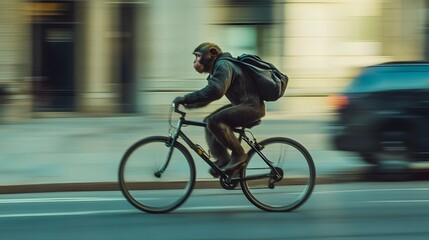 Naklejka premium monkey riding a bicycle down a city street, casual clothes and motion captured mid-pedal 