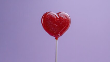 A single, heart-shaped lollipop, vibrant red, sits on a white stick against a muted lavender background.  The candy's surface has a slightly textured, glossy appearance