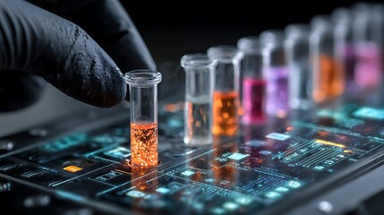 Scientist carefully analyzes glowing liquid in test tube within futuristic laboratory with holographic data displays and colorful chemical samples.