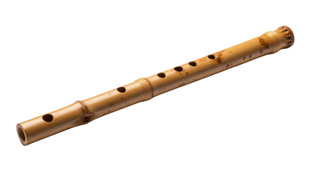 Naklejka premium A traditional bamboo flute with finger holes photographed horizontally on a clean white background.
