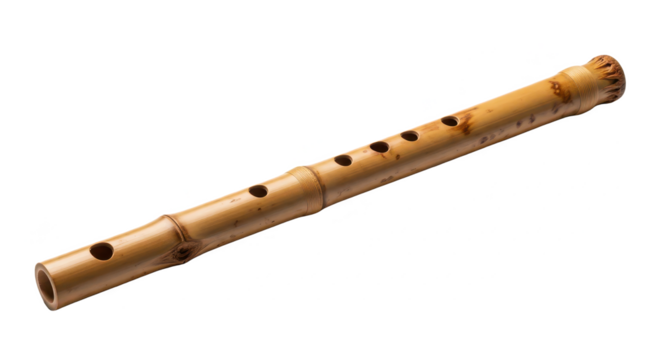 A traditional bamboo flute with finger holes photographed horizontally on a clean white background.