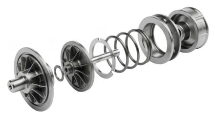 Detailed exploded view of a metallic automotive turbo wastegate valve assembly mechanism