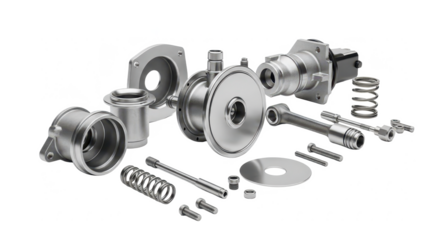 Disassembled turbo wastegate valve with precision metal parts on a white background.