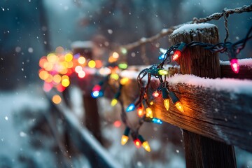 Festive Colored Lights Around Wooden Frame Close-Up
