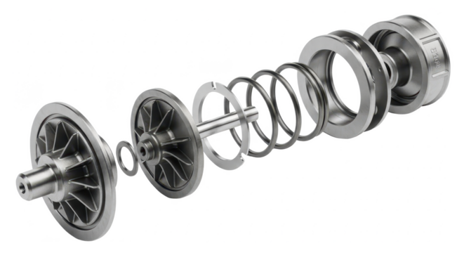 Detailed exploded view of a metallic automotive turbo wastegate valve assembly mechanism