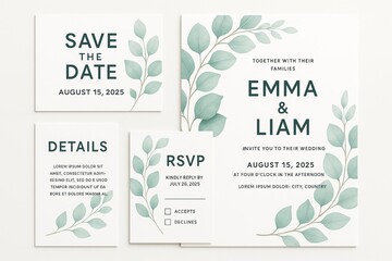 Elegant wedding invitation set with green botanical leaves and minimalist layout on white background for modern event stationery design. Ai generative