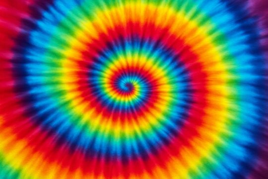 Vivid psychedelic spiral tie dye pattern with rainbow colors on fabric background, symbolizing retro style and abstract light concept. Ai generative
