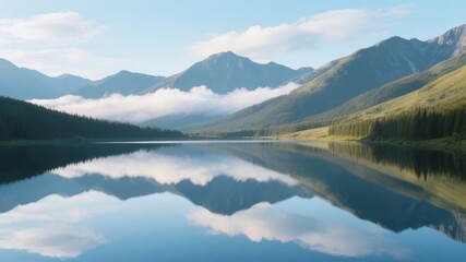 Calm Mountain Lake with Mirrored Reflections and Lush Forest Surroundings