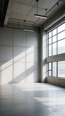 Empty Industrial Space with Concrete Walls and Large Windows