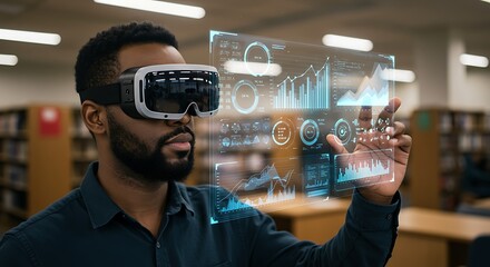 African American Man Using VR Headset and Interacting with Futuristic Data Interface in Library Setting Displaying Data Analysis and Visualization