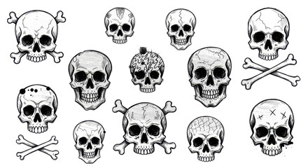 A collection of hand-drawn grunge skull doodles with rough shading and ink splatter effects