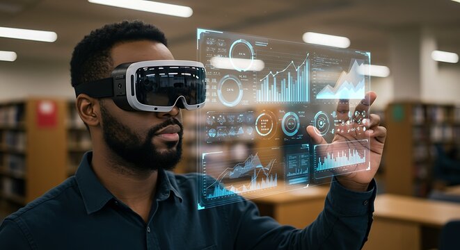African American Man Using VR Headset and Interacting with Futuristic Data Interface in Library Setting Displaying Data Analysis and Visualization