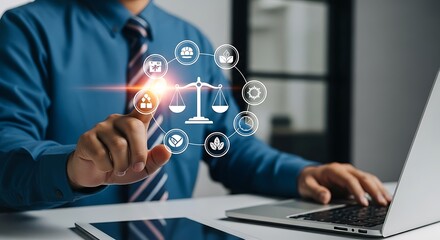 Man touching digital interface with legal scales and icons image