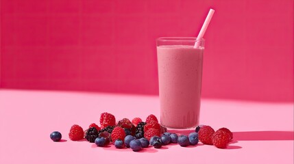 A smoothie with straws in a glass, fresh blueberries and raspberries in front, bright studio lighting against a pink background, perfect for e-commerce food photography.