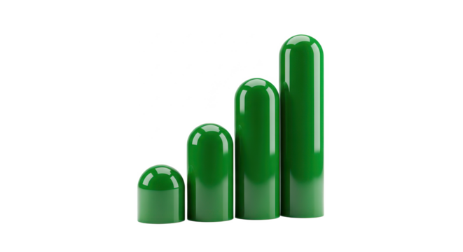 A row of glossy green capsules forms an ascending bar chart against a white background.