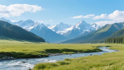 Naklejka premium Mountain Valley with Snow-Capped Peaks and Flowing River