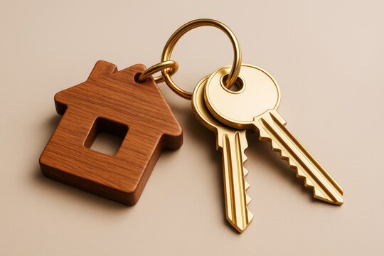 Golden keys with wooden house keychain on beige background symbolizing home ownership and real estate investment concept in light graphic style.