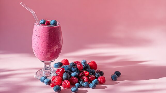 A smoothie with straws in a glass, fresh blueberries and raspberries in front, bright studio lighting against a pink background, perfect for e-commerce food photography. - Powered by Adobe