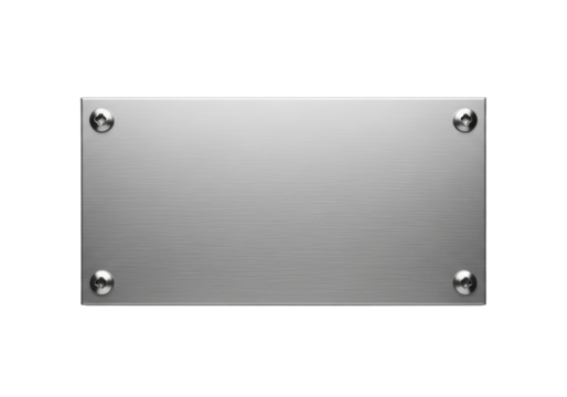 A precisely rendered standalone rectangular brushed metal object with four silver screws, centrally against a seamless transparent background, ultra-photorealistic studio shot, minimalist composition,