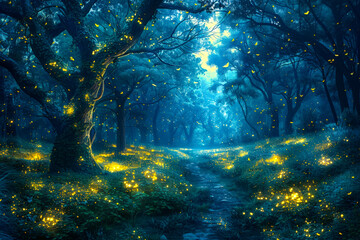Enchanting scene of fireflies illuminating a magical forest clearing.
