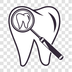 Illustration of a tooth being examined with a magnifying glass, isolated on white background