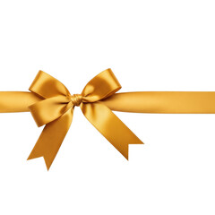A lustrous golden satin ribbon tied into a perfect bow with flowing loops, extending right on a pristine transparent seamless studio background, subtly high-angle, isolated object, no shadows. Concept