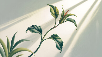 Delicate green plant stems and leaves bathed in soft angled sunlight creating a serene and natural ambiance