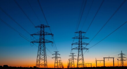 Fototapeta premium 夕焼け空に伸びる力強い送電線風景