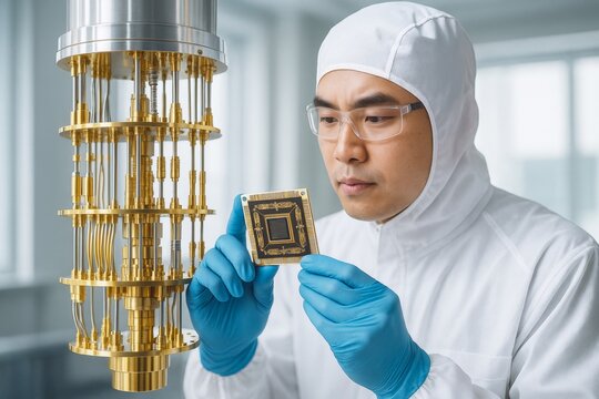 Scientist examining quantum processor chip beside golden cryogenic system in cleanroom environment with bright high-tech laboratory background. Ai generative