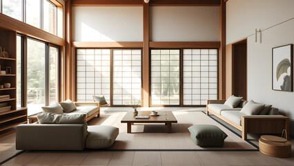 A minimalist Japandi-style living room with natural wood furniture