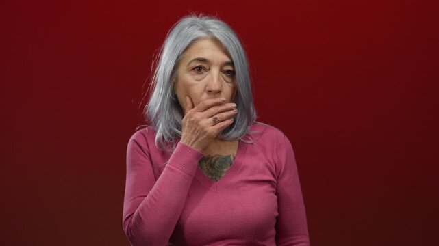Woman with grey hair covers mouth in surprise against a vivid red background, wearing a pink shirt, conveying emotion and isolation.