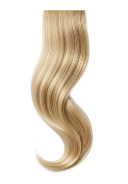 Luminous, healthy blonde hair strand with soft natural waves, golden highlights, and silky texture, pristine against a transparent background with copy space, concept of premium hair care perfection