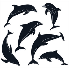 Obraz premium Dolphin vector. Dolphin cartoon sea animal icon. Bottlenose Dolphin. Dolphin peeking out of water. Dolphin Isolated. Dolphin jump out of the water in sea. Dolphins Jumping From The Sea. 