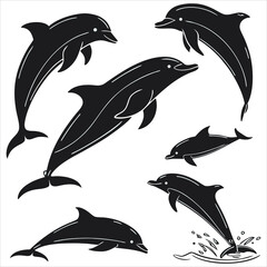 Naklejka premium Dolphin vector. Dolphin cartoon sea animal icon. Bottlenose Dolphin. Dolphin peeking out of water. Dolphin Isolated. Dolphin jump out of the water in sea. Dolphins Jumping From The Sea. 
