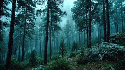 Obraz premium foggy forest with tall pine trees