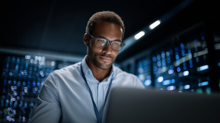 Backend engineer working in a high-tech server room, surrounded by glowing racks of computer servers, cables, and real-time data dashboards IT maintenance, backend engineer, data c