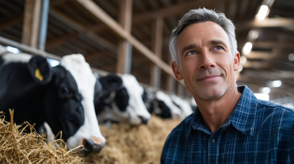 Inside a clean and spacious barn, a row of dairy cows calmly eating hay while a farmer checks their health and comfort cowshed interior, dairy farming, ethical animal treatment, co
