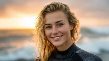 Blonde female surfer in wetsuit smiling confidently with surfboard, walking from ocean waves, romantic sunset in background female surfer, confident woman, surfing lifestyle, beach