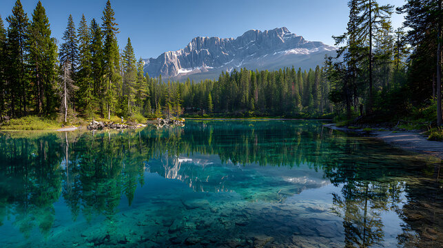 Beautiful emerald lake with mountain range reflecting in the water in italy - Powered by Adobe