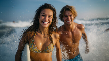 Happy couple running into the ocean with surfboards, laughing joyfully, early morning beach scene full of energy and adventure surfing couple, surfboards, beach lifestyle, seaside